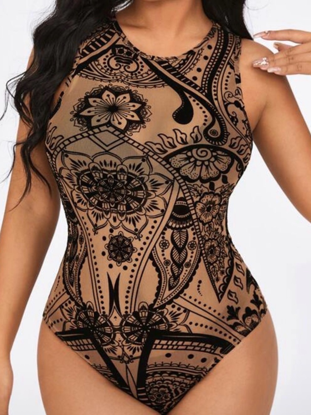SHEIN Tan and Black Floral Paisley One-Piece Swimsuit